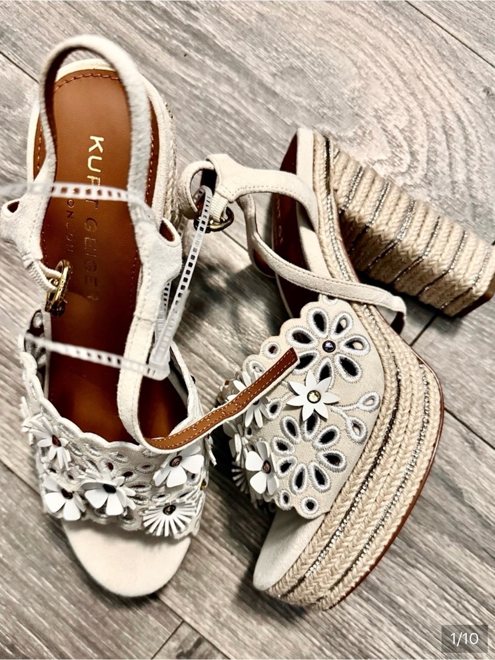 Kurt Geiger Cream Floral Cutout Crystal Espadrille Wedge Sandals